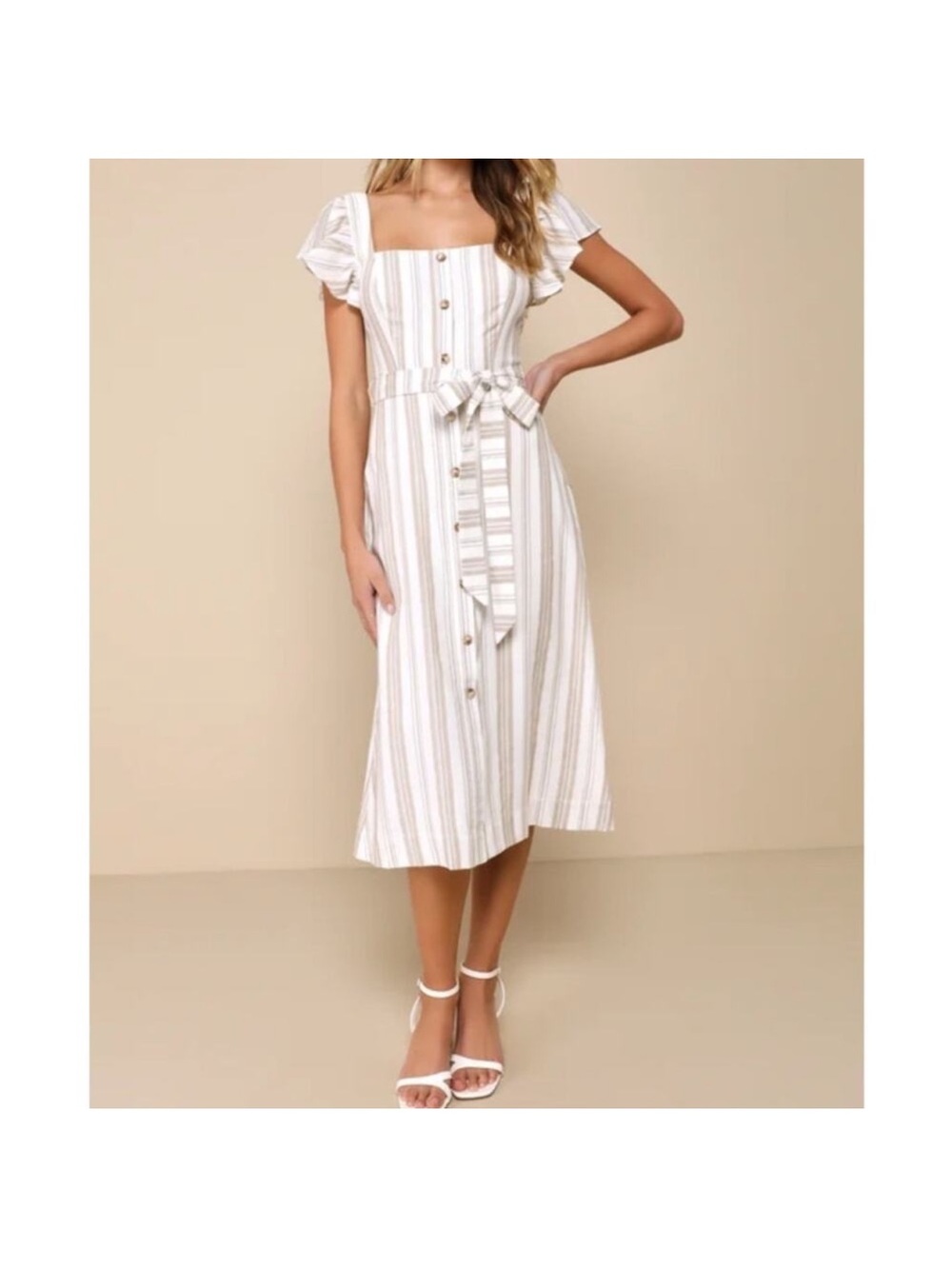 Lulu's Mediterranean Moves White Striped Flutter Sleeve Midi Dress